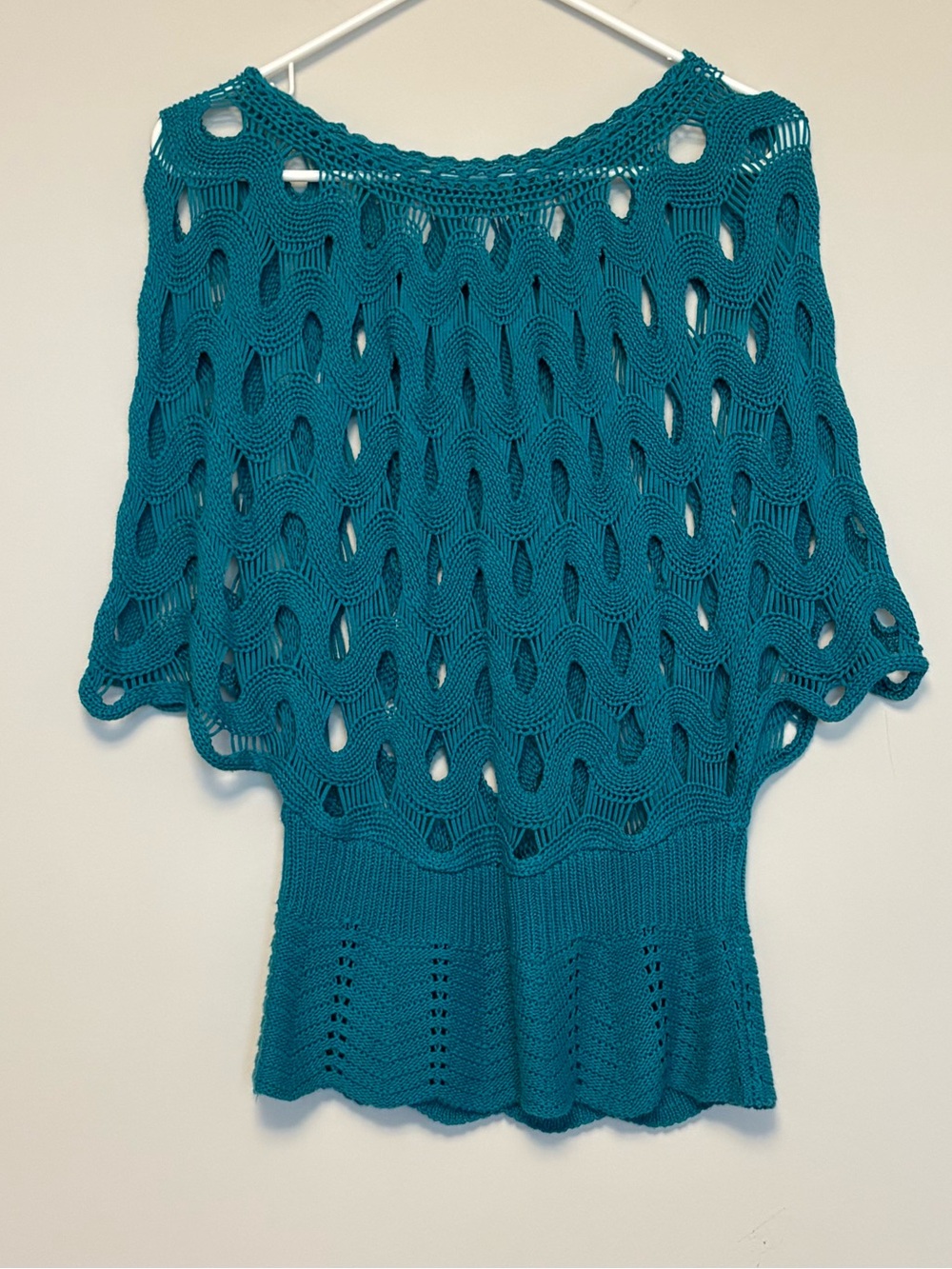 Studio One Crochet Teal White Sweater Blouse Top Size Small